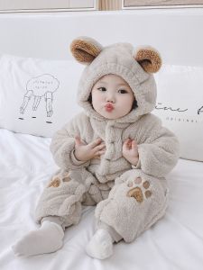 Thickened Lamb Velvet Romper Suit with Hat for Baby Boys And Girls Coral Fleece Winter Clothes Cute Harp Shirt Casual Style Long Sleeve