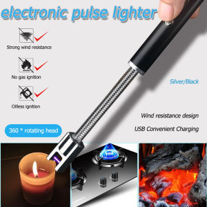 USB Rechargeable Windproof Flameless Electronic Pulse Plasma Lighter For Kitchen Lighter Metal Power Display Gas Stove Outdoor BBQ Safety Fire Starter