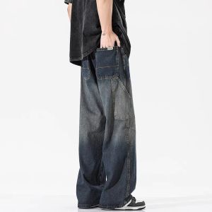กางเกงยีนส์ทรงตรงเอวยางยืดสีน้ำเงินสำหรับผู้ชายและผู้หญิง กางเกงขายาวทรงหลวมสบาย ๆ สไตล์อเมริกัน กางเกงขายาวทรงตรงสำหรับใส่ไปทำงาน