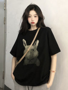 Pure Cotton Short Sleeve T-Shirt Women Summer New Retro Dyed Print Loose BF Style Black round Neck Top INS Fashion Trend