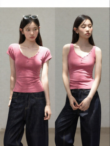 Cantonstory | Slim Fit Short Sleeve V-Neck T-Shirt Women