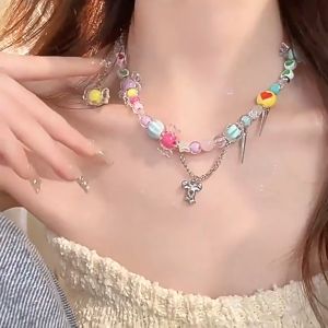 Dây Chuyền Nữ Vòng Cổ Y2K Hạt Cườm Kẹo Ngọt Nhiều Màu Sắc Ngọt Ngào Dễ Thương Dáng Ngắn Xương Đòn Gắn Đinh Tán Thời Trang Cá Tính VC-129