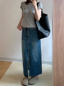 Váy Mini Denim Chữ a Cạp Cao Rộng Rãi Cho Nữ Mùa Hè 2025 Váy Midi Cỡ Lớn Xẻ Tà Trước Che Giấu Mỡ Bụng Tạo Hiệu Ứng Thon Gọn