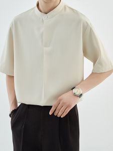 Short Sleeve Ice Silk Shirt Mens Summer Lightweight Formal Drapey Solid Color Casual Fashionable Top Loose Fit Youth Pop