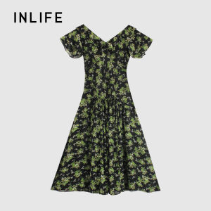 INLIFE | French Style V-Neck Printed Slim A-Line Midi Dress