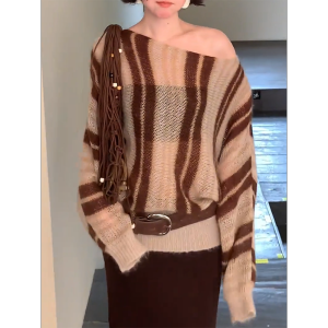 QINGNAER | Elegant Retro Knitwear with Slanted Stripes Plus Size