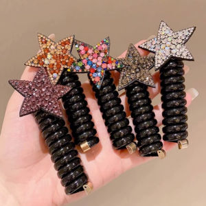 Tali rambut kawat telepon bintang berlian / karet gelang pentagram berlian warna / karet gelang ekor kuda tinggi / tali rambut anak perempuan 🌷Waroomy