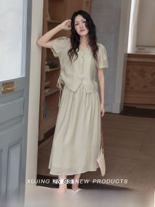 Áo Blouse Tencel Cổ Tròn Nếp Ly Tay Ngắn Phong Cách Đi Làm