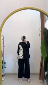 Brenda Set Kaos Knit Premium LD 110cm PJ Celana 90cm Aplikasi Renda Bunga Setelan Kekinian