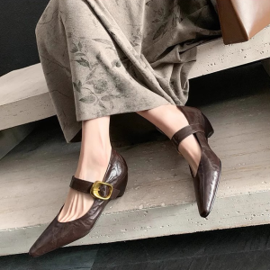 CAIZINI | French Genuine Leather Square Toe Mary Jane Shoes Wedge