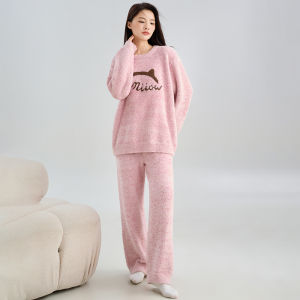 MiiOW | ชุดนอนผ้าขนแกะครึ่งตัวสำหรับผู้หญิง ฤดูใบไม้ร่วง/ฤดูหนาว อบอุ่น ป้องกันไฟฟ้าสถิต ใส่กลางแจ้งได้ ชุดอยู่บ้านนุ่มสบาย สไตล์หวานน่ารัก