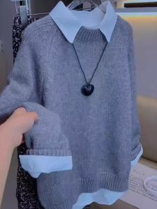 Retro Grey round Neck Pullover Sweater Womens Autumn Winter Bear Fur Loose Knitted Woolen Top Korean Style Comfortable Loose Fit