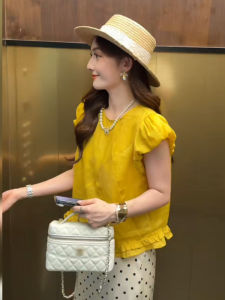 BINKAFENNY | เสื้อเชิ้ตแขนสั้นผู้หญิงไซส์ใหญ่สีเหลือง เดรสทรงเข้ารูปฤดูร้อน สไตล์เกาหลี แขนสั้น ปกกลม ความยาวปกติ