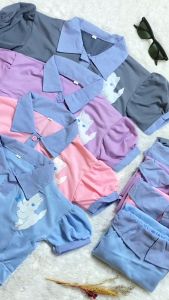 one set rok anak perempuan bahan flis ready dari usia 1-10 thn dengan model baju crop dan sudah ada motif kucing lucu