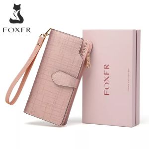 FOXER wanita kulit dompet panjang Bifold dompet klac beg telefon bimbit dengan gelang tangan kad