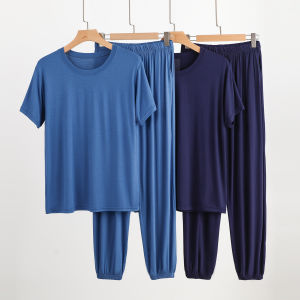 Mens Short Sleeve Home Clothes Set Summer Thin Pure Color Sleepwear Casual Large Size Home Air Conditioning Suit Two Piece Set