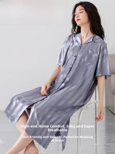 MiiOW | Cat Woman Summer Sleep Dress New 2025 Cool Feeling Ice Silk Robe Medium Length Short Sleeve Plus Size Sleepwear Ladies Home Clothes
