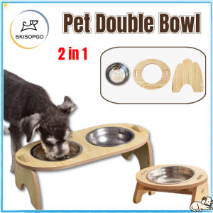 SKISOPGO Elevated Wooden Cat Feeder Pet Drinking Double Bowl Separable Stainless Steel Feeder for Dog Cats