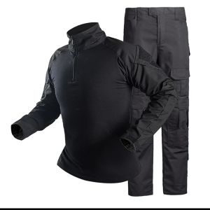 Mens G3 Frog Tactical Suit Combat Shirt Pants Set Camo Black Military Style Uniform with Knee Pads Gloves for Hunting Hiking