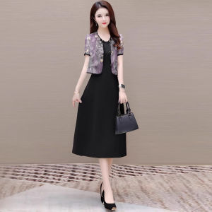 MAIMEI | Elegant National Style Summer Dress Two-Piece Set For Women Beautiful Mom High Waist A-Line Skirt Short Sleeve Print Dress