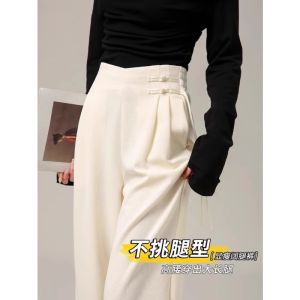 กางเกงขายาวทรงตรงเอวสูงสำหรับผู้หญิง ทรงหลวม สไตล์จีน ทรงสลิมฟิต กางเกงขายาวทรงตรงแบบลำลอง ฤดูใบไม้ผลิและฤดูใบไม้ร่วง