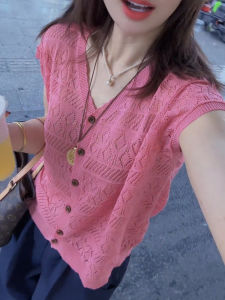 UYFY | Pink V-neck Hollow Out Knitted Short Sleeve Sweater Womens Summer New Style Age-defying Large Size Thin Top Fashion Loose Fit