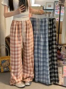 [Lace drawstring contrast plaid wide-leg pants]กางเกงขากว้างเอวสูงแบบลำลองผูกเชือกลายสก็อตสำหรับผู้หญิงอเมริกันในช่วงฤดูร้อน