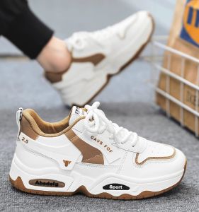 Mens Waterproof Leather Surface Running Shoes 2024 New Autumn Sporty Dad Sneakers Middle School Students White Thick Bottom