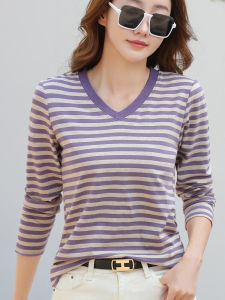 ผู้หญิง Pure ผ้าฝ้าย ลายทาง คอวี เสื้อยืดแขนยาว หลวม เสื้อเบสิคพอดี ฤดูใบไม้ผลิ สไตล์ใหม่ พลัสไซส์ ลำลอง เสื้อท่อนบน