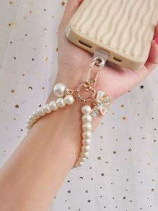 Short Pearl Hand Chain for Women Handmade Fashion Mobile Phone Strap Butterfly Knot Design Anti-Fall round Beads Decoration