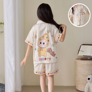 QIANSHUIMILU | Summer Short Sleeve Long Pants 3-Piece Set Icy Silk Lightweight Outdoor Wearable Childrens Girls Sleepwear
