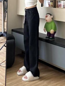 High Waist Loose Fit Straight Leg Black Jeans Womens Spring Autumn Long Version 175cm Tall plus Size Wide Leg Floor-Length