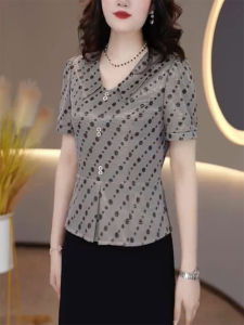 QINGNAER | Elegant French Style V-Neck Slim Fit Icy Silk Satin Short Sleeve Blouse