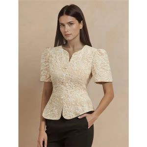 Amyenjoylife Filipiniana Inspired Top Khaki Short Sleeve Shirt For Women Elegant Blouses Women Top Casual【1-3Day Delivery🚀】