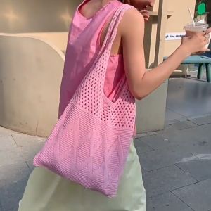 【🌼COD🌼】Polyester Fiber Knitting Shoulder Bag Large Capacity Women Hobo Shopping Handbag Solid Color Shopping Handbags Hollow Out for Casual Shopping Travel
