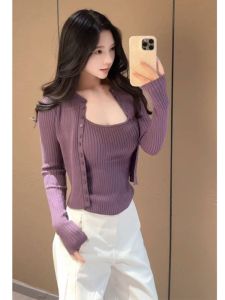 BINKAFENNY | French Elegant Purple Knitted Open Cardigan Women Early Autumn Slimming Pure Desire Short Unique Beautiful Top