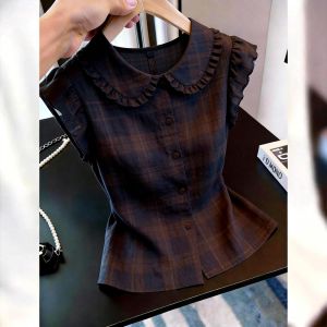 KUNAILIN | High-class Style Plaid Peter Pan Collar Frilled-edge Shirt