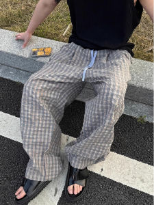 ZHUOCAN | Slim Fit Retro Lazy Feeling Bubble Gauze Gray Check Pants