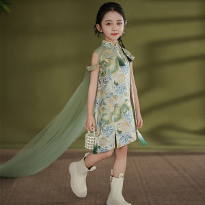 Spring Autumn Cheongsam Skirt Childrens Performance Costume Little Girl Traditional Chinese Fashion Show Outfit Folk Trend