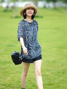 Summer 2024 Womens Loose Fit Short Sleeve Silk Blend Chiffon Top Slimming Belly Covering Korean Style Versatile Print Blouse