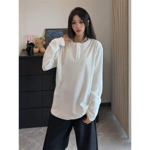 Cleanfit Henry Collar Sweatshirt คอกลมแขนยาว ทรงหลวม สไตล์อเมริกันย้อนยุค สำหรับผู้ชายและผู้หญิง