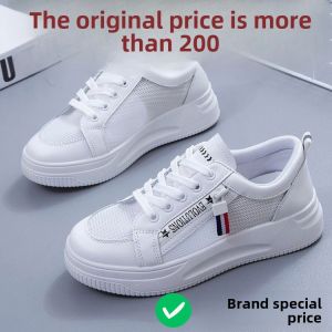 Summer New Style Womens Sports Leisure Mesh Leather Sneakers Breathable Soft Bottom Plank Shoes Versatile Flat Heel Rubber Sole