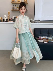 New Chinese Style Girls Summer Dress Set Silk Skirt One-Piece Dress Childrens Ancient Costume Female Toddler Clothing