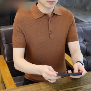 HENGYUANXIANG | Hengyuanxiang Mens Short Sleeve Polo Shirt Pure Color Knitted Ice Silk Casual Summer Fashion Standard Fit Button Detail
