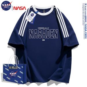 เสื้อยืดแขนสั้นผ้าฝ้ายแท้พิมพ์ลาย NASA Den สำหรับผู้ชายและผู้หญิง ทรงหลวม สไตล์ลำลอง สวมใส่สบาย ฤดูร้อน 2025