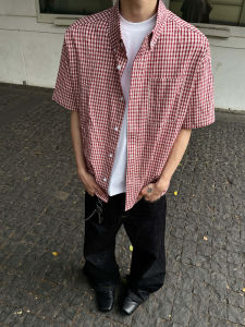 Loose Mens Short Sleeve Shirt Casual American Style Plaid Versatile Loose Fit Youthful Trendy Polo Collar Single Button Closure