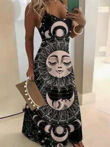 Printed Design Pink Sun Moon Star Celestial Black Spaghetti Strap Maxi Dress