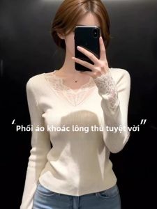 Lace Trimmed V-Neck Knit Sweater for Women