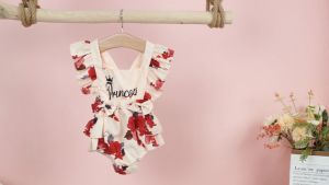 【COD&Local】Newborn Girls Two-Piece Outfits Flower Print Flying Sleeve Square Neck Bodysuit + Decorative Bow Headband