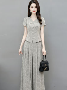 GUBODUO | Fashion Floral Print V-neck Short Sleeve Top and Wide Leg Trousers Set For Mothers Summer Wear